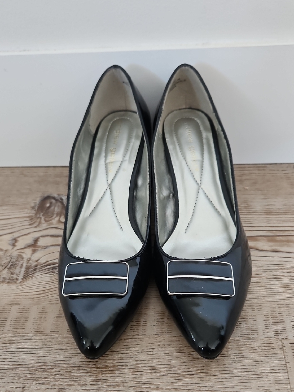 Andrew Geller Black Patent Pointed Toe Pumps with Silver Accent